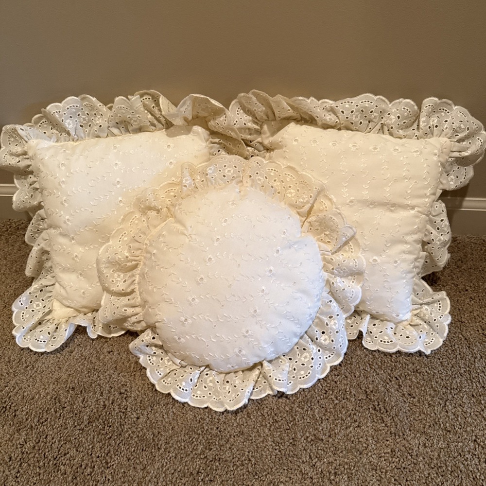 Embroidered Eyelet Lace Ruffle Throw Bed Pillows 13" Cottagecore Creamy Ivory